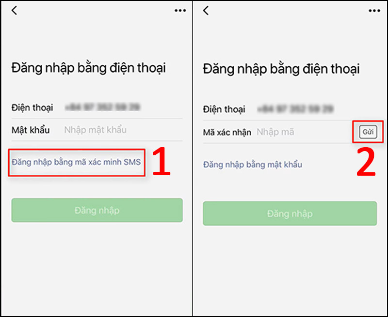  Chọn Đăng nhập bằng mã xác minh SMS  Chọn Gửi.